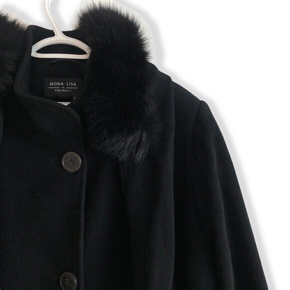 Mona Lisa Fen-Nelli Black Wool Coat: Winter Chic with Faux Fur Hood and Scarf - Picture 2 of 7